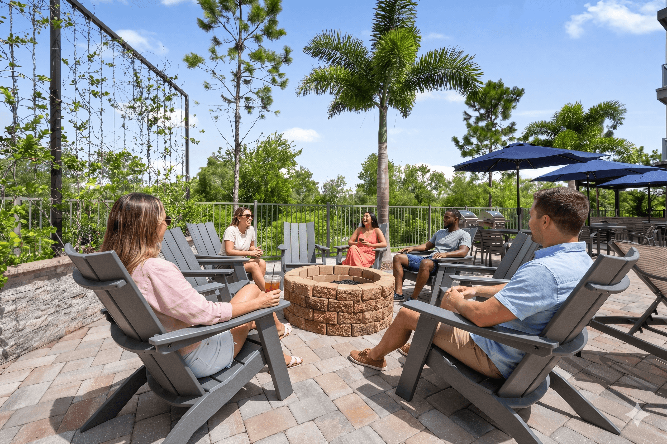 A group of people are sitting around a fire pit on a patio.
